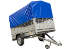 Remorque à un essieu 230x125 UNITRAILER GARDEN 230 KIPP avec côtés en filet, châssis H-800 et bâche bleue