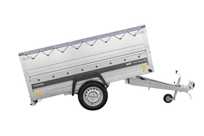 Remorque porte-voitures sur ressorts 230x125 UNITRAILER FORCE 230/R KIPP avec ridelles BIS, châssis H-0 et bâche grise