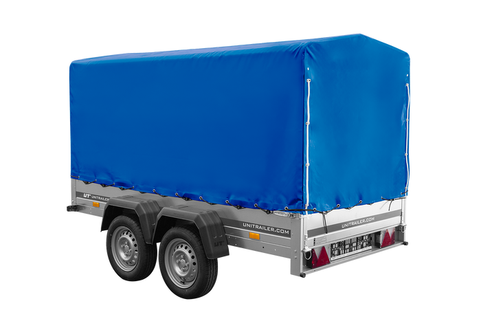 Remorque à deux essieux 264x125 UNITRAILER GARDEN TRAILER 264/2 KIPP avec châssis H-1100 et bâche bleue