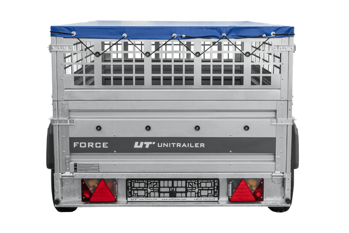 Remorque à un essieu 230x125 UNITRAILER FORCE 230 KIPP avec côtés grillagés, châssis H-0 et bâche bleue