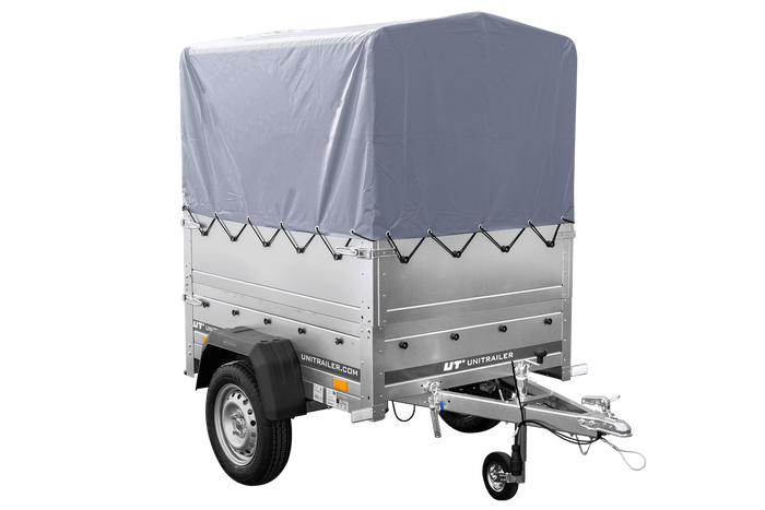 Remorque mono-essieu 150x106 UNITRAILER GARDEN 150 KIPP avec ridelles BIS, châssis H-800 et bâche grise