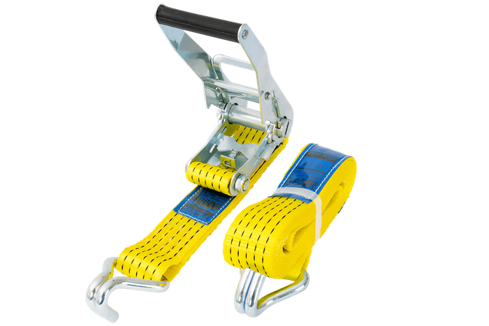 Ensemble de quatre courroies de transport jaunes UNITRAIER 4 m/50 mm/5 t avec tendeur
