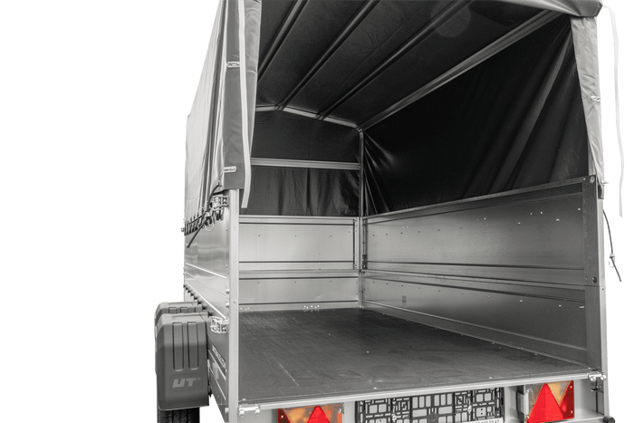 Remorque voiture 2 essieux UNITRAILER GARDEN TRAILER 264/2 KIPP avec roue jockey, côtés ridelles supplémentaires, châssis h-800 et bâche grise