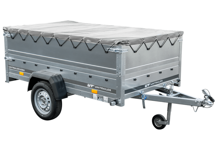 Grande remorque 230x125 avec bâche plate grise, tiges de support bâche, rehausses de ridelles et roue jockey - Garden Trailer 230 KIPP