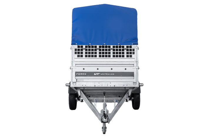 Remorque porte-voitures sur ressorts 264x125 UNITRAILER FORCE 264/R KIPP avec côtés en filet, châssis H-800 et bâche bleue