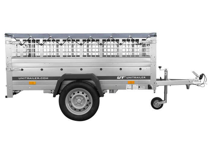 Remorque porte-voitures sur ressorts 200x125 UNITRAILER GARDEN 201/R KIPP avec côtés en filet, châssis H-0 et bâche grise