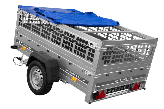 Remorque porte-voitures sur ressorts 200x125 UNITRAILER GARDEN 201/R KIPP avec côtés en filet, châssis H-0 et bâche bleue
