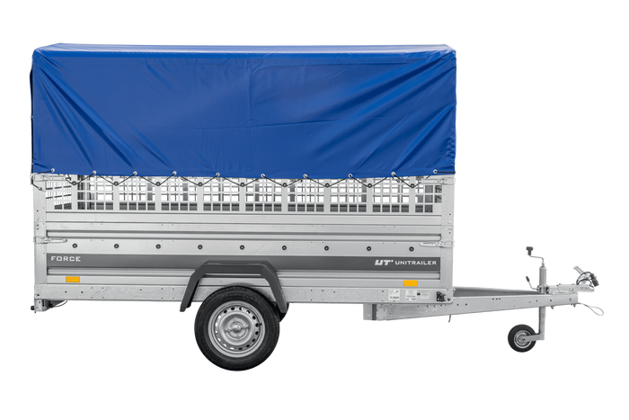 Remorque porte-voitures 264x125 UNITRAILER FORCE 264 KIPP avec côtés en filet, châssis H-800 et bâche bleue