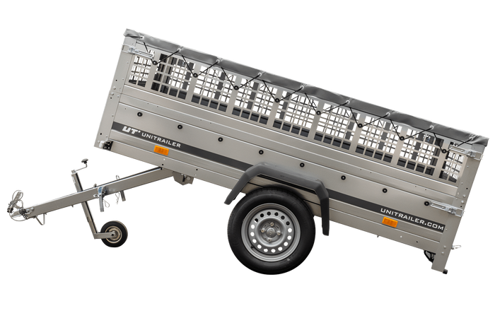 Remorque porte-voitures 230x125 UNITRAILER GARDEN 230 KIPP avec côtés en filet et bâche grise