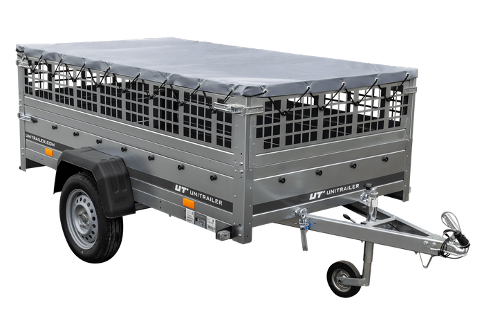 Remorque à un essieu 230x125 UNITRAILER GARDEN 230 KIPP avec côtés en filet, châssis H-0 et bâche grise