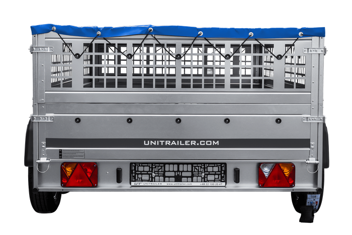 Remorque légère 264x150 UNITRAILER GARDEN 265/2 KIPP avec côtés en filet, châssis H-0 et bâche bleue