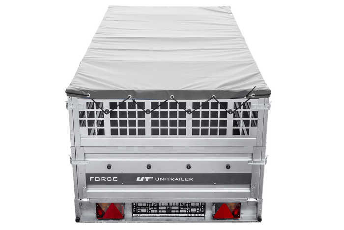 Remorque à un essieu sur ressorts 264x125 UNITRAILER FORCE 264/R KIPP avec côtés en filet, châssis H-0 et bâche grise