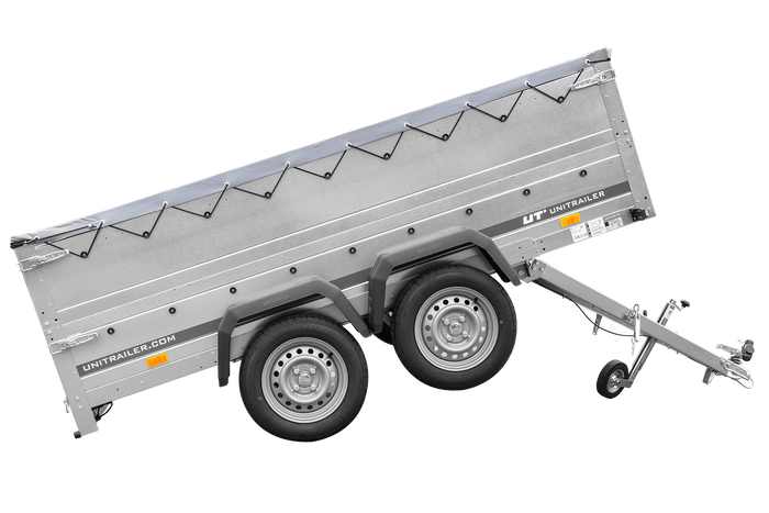 GARDEN TRAILER 264/2 KIPP remorque à deux essieux avec roue jockey, châssis H-0, ridelles BIS et bâche plate grise