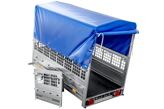 Remorque légère 200x106 UNITRAILER GARDEN 200 KIPP avec côtés en filet, châssis H-800 et bâche bleue