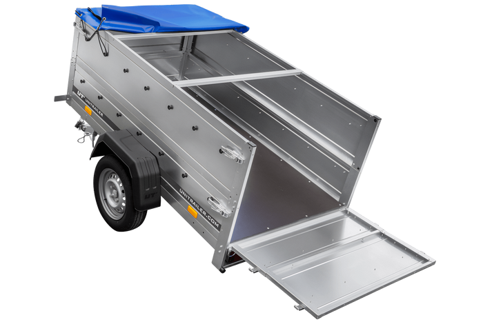 Remorque Garden Trailer 200 Kipp avec roue jockey, rehausses, châssis H-0 et bâche bleue