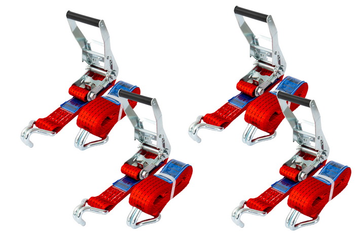 Ensemble de quatre courroies de transport rouges UNITRAIER 4 m/50 mm/5 t avec tendeur