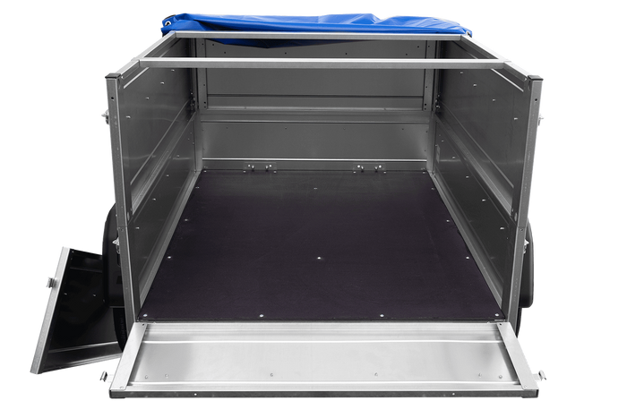 Remorque petite à vendre à benne basculante - Garden Trailer 150 KIPP [avec rehausses de ridelles et bâche plate bleue]