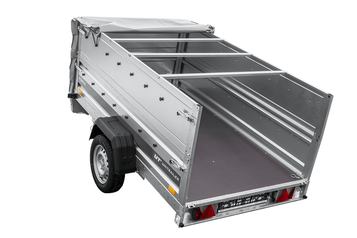 Remorque porte-voitures sur ressorts 230x125 UNITRAILER FORCE 230/R KIPP avec ridelles BIS, châssis H-0 et bâche grise