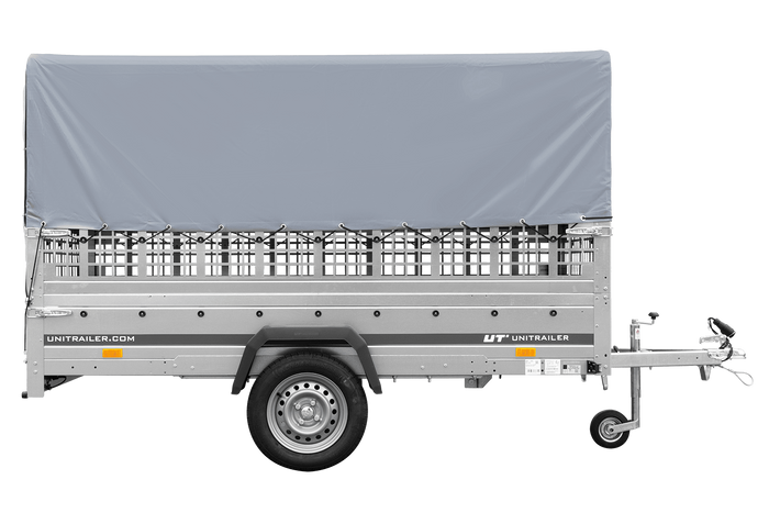 REMORQUE DE JARDIN 264 KIPP AVEC ROUE JOINTE, CÔTÉS GRILLÉS, CHÂSSIS H-800 ET BACHE GRISE