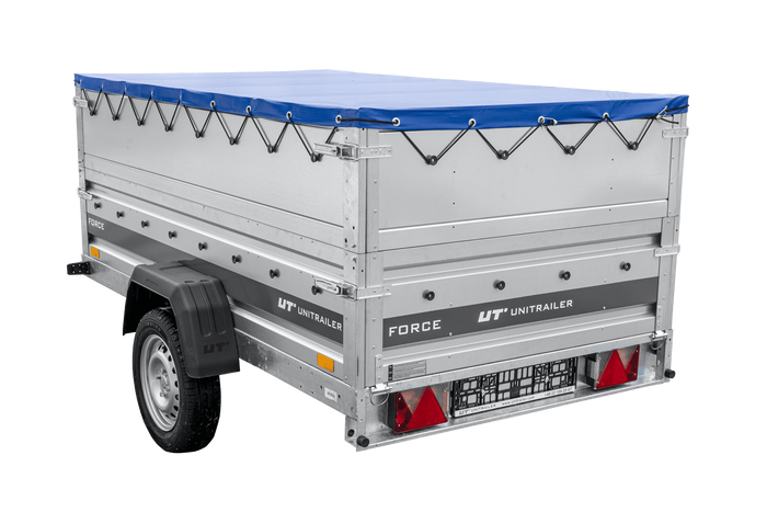 Remorque légère 230x125 UNITRAILER FORCE 230 KIPP avec ridelles BIS, châssis H-0 et bâche bleue