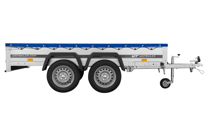 UNITRAILER 264/2 KIPP AVEC ROUE JOCKEY, TIGES DE SUPPORT ET BÂCHE PLATE BLEUE 