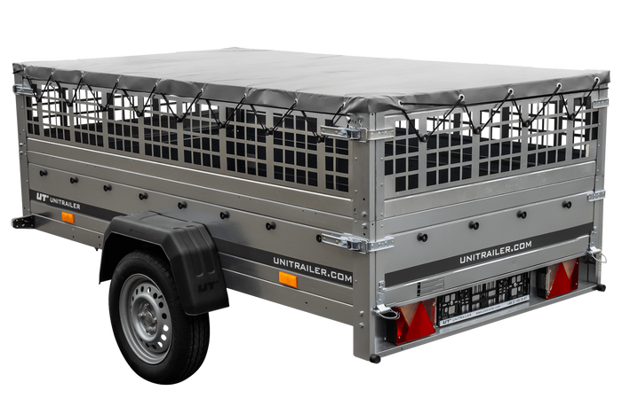 Remorque porte-voitures 230x125 UNITRAILER GARDEN 230 KIPP avec côtés en filet et bâche grise