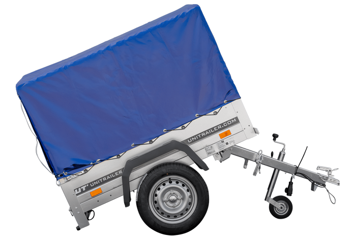 Remorque pour voiture 150x106 bâche bleue + arceau, PTAC 500 kg Garden Trailer 150 KIPP [avec roue jockey]