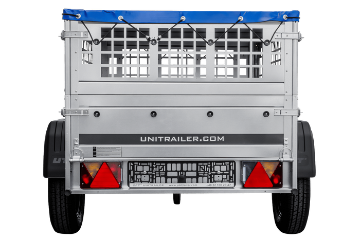 Remorque porte-voitures 150x106 UNITRAILER GARDEN 150 KIPP avec côtés en filet et bâche bleue