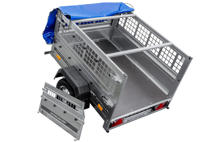 Remorque porte-voitures 150x106 UNITRAILER GARDEN 150 KIPP avec côtés en filet et bâche bleue