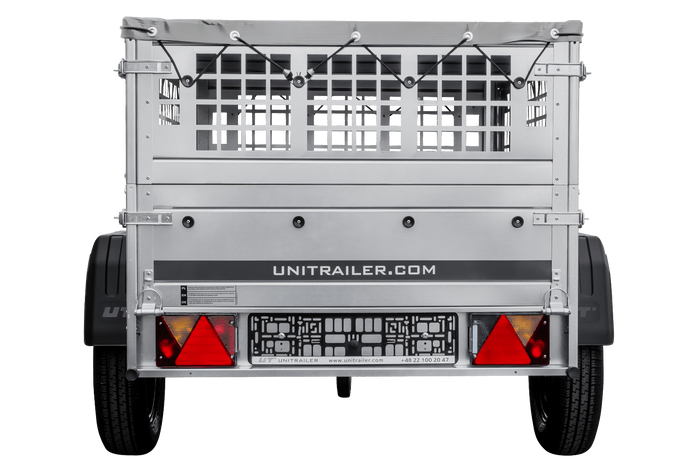 Remorque porte-voitures 150x106 UNITRAILER GARDEN 150 KIPP avec côtés en filet et bâche grise