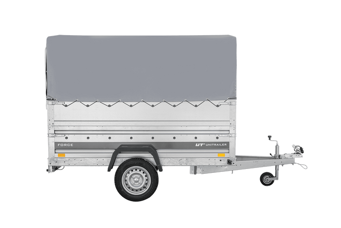 Remorque porte-voitures 230x125 UNITRAILER FORCE 230 KIPP avec ridelles BIS, châssis H-800 et bâche grise