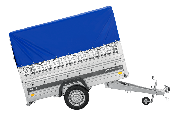 Remorque porte-voitures sur ressorts 230x125 UNITRAILER FORCE 230/R KIPP avec côtés en filet, châssis H-800 et bâche bleue