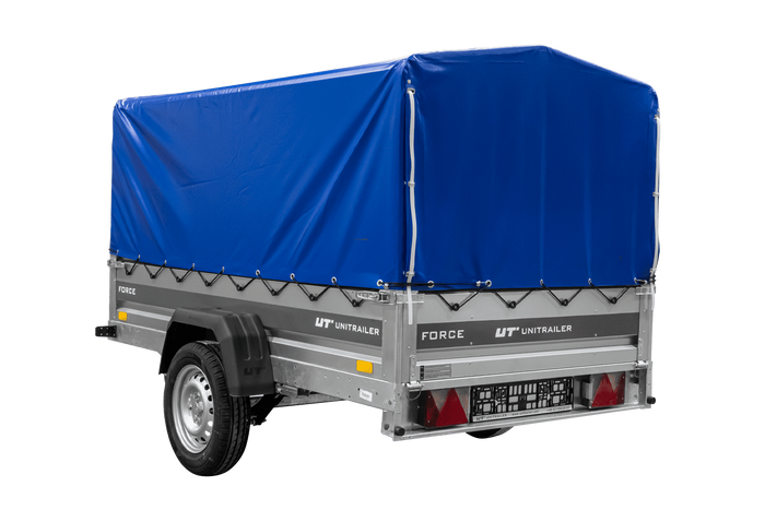 Remorque porte-voitures sur ressorts 230x125 UNITRAILER FORCE 230/R KIPP avec châssis H-800 et bâche bleue