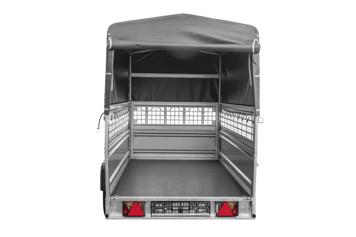 Remorque porte-voitures 264x125 UNITRAILER FORCE 264 KIPP avec côtés en filet, châssis H-800 et bâche grise