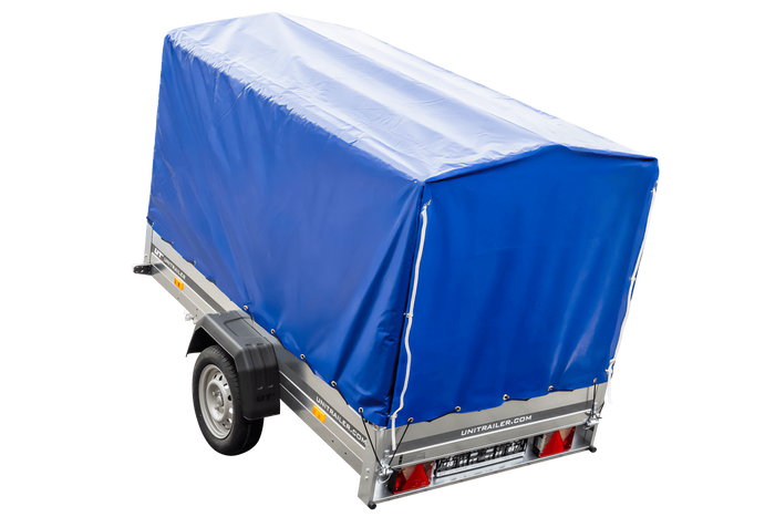 Remorque porte-voitures 230x125 UNITRAILER GARDEN 230 KIPP avec châssis H-1100 et bâche bleue