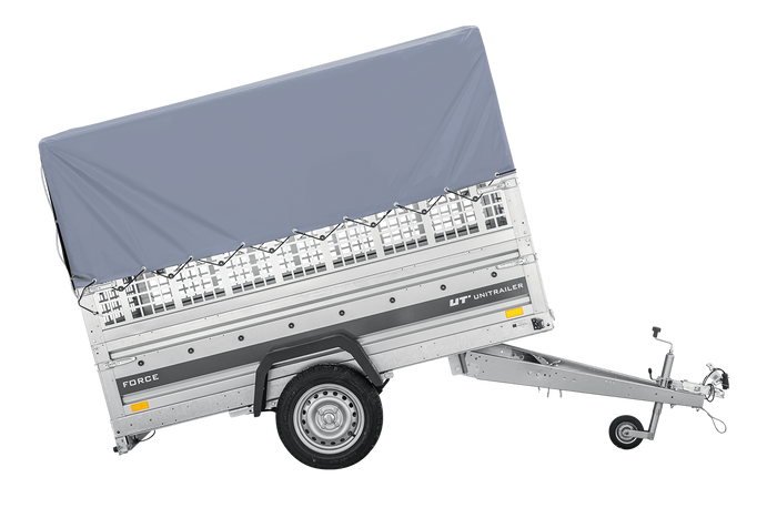 Remorque porte-voitures sur ressorts 230x125 UNITRAILER FORCE 230/R KIPP avec côtés en filet, châssis H-800 et bâche grise