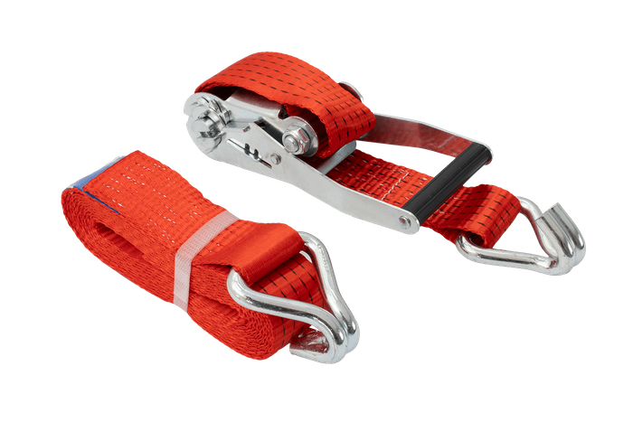 Ensemble de quatre courroies de transport rouges UNITRAIER 4 m/50 mm/5 t avec tendeur
