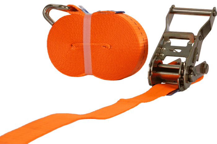 Ensemble de quatre courroies de transport UNITRAILER orange 10 m/25 mm/1 t avec tendeur