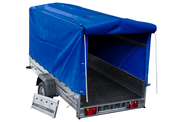 Remorque voiture 264x125 UNITRAILER GARDEN 264 KIPP avec châssis H-1100 et bâche bleue