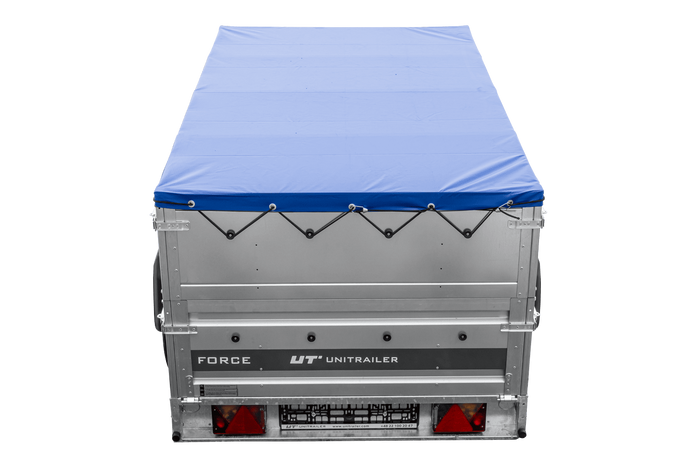 Remorque légère 230x125 UNITRAILER FORCE 230 KIPP avec ridelles BIS, châssis H-0 et bâche bleue