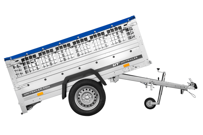 Remorque à un essieu 200x106 UNITRAILER GARDEN 200 KIPP avec côtés en filet et bâche bleue