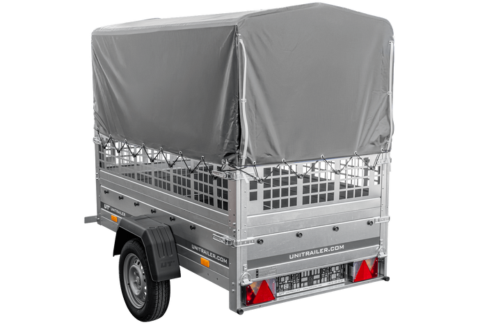 Remorque porte-voitures 200x106 UNITRAILER GARDEN 200 KIPP avec côtés en filet, châssis H-800 et bâche grise