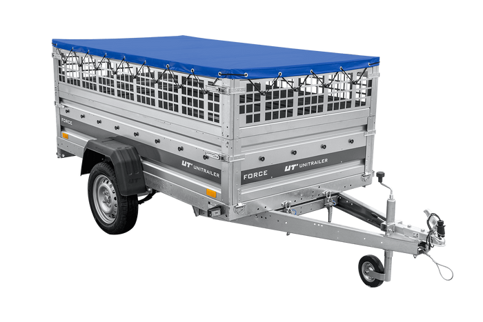Remorque légère sur ressorts 230x125 UNITRAILER FORCE 230/R KIPP avec côtés en filet, châssis H-0 et bâche bleue
