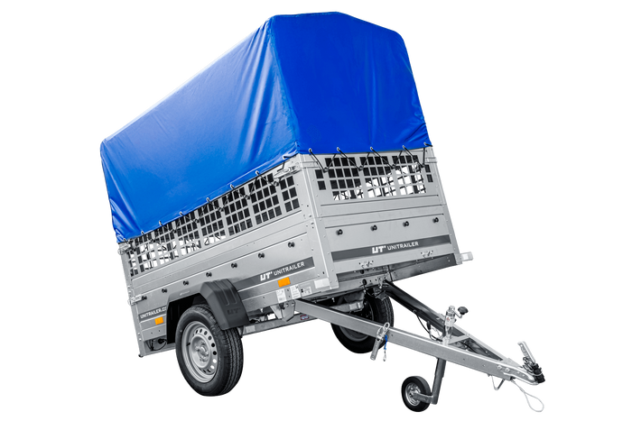 Remorque légère 200x106 UNITRAILER GARDEN 200 KIPP avec côtés en filet, châssis H-800 et bâche bleue