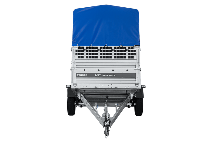Remorque porte-voitures sur ressorts 230x125 UNITRAILER FORCE 230/R KIPP avec côtés en filet, châssis H-800 et bâche bleue