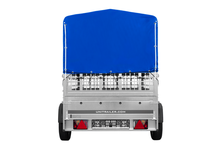 Remorque à un essieu sur ressorts UNITRAILER GARDEN 201/R KIPP 200x125 avec côtés en filet, châssis H-800 et bâche bleue