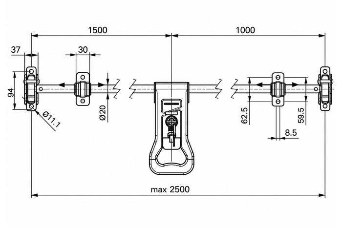 Verrou de porte de semi-remorque porte-conteneurs STEELPRESS ZD-03, 2500 mm