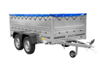 Remorque double essieux Garden Trailer 264/2 KIPP avec roue jockey, rehausses de ridelles et bâche plate bleue