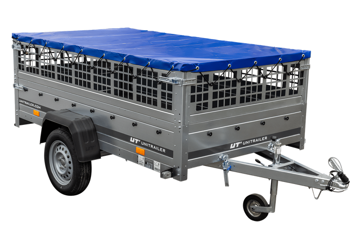 Remorque légère 230x125 UNITRAILER GARDEN 230 KIPP avec côtés en filet, châssis H-0 et bâche bleue