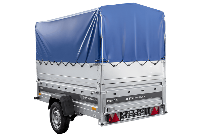 Remorque à un essieu sur ressorts 230x125 UNITRAILER FORCE 230/R KIPP avec ridelles BIS, châssis H-800 et bâche bleue